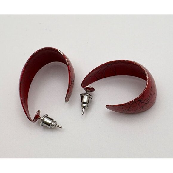 Vintage 80s Red Hoop Earrings Grafitti Abstract Design Chunky Bold - Picture 5 of 7